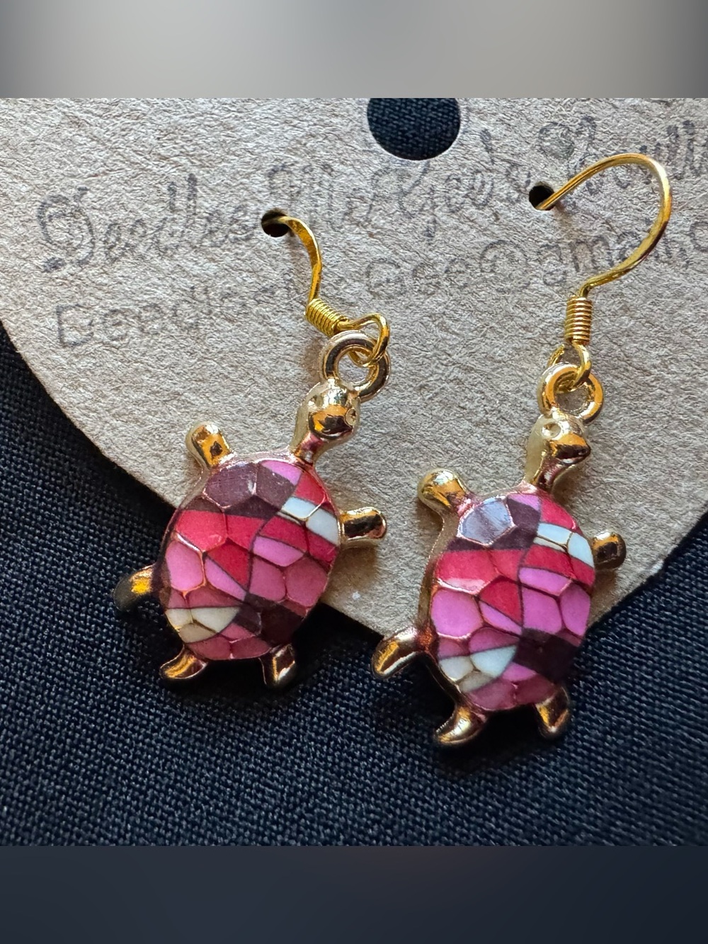 Gold-Tone Pink Turtle Mosaic Drop Earrings